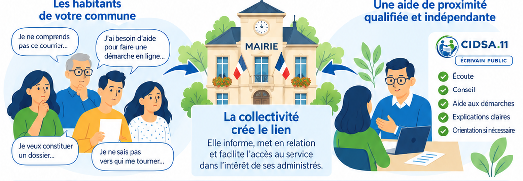 Illustration dessinée d’habitants et d’une mairie