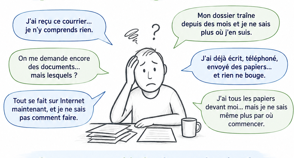 Illustration d’une personne devant ses papiers administratifs, entourée de questions courantes