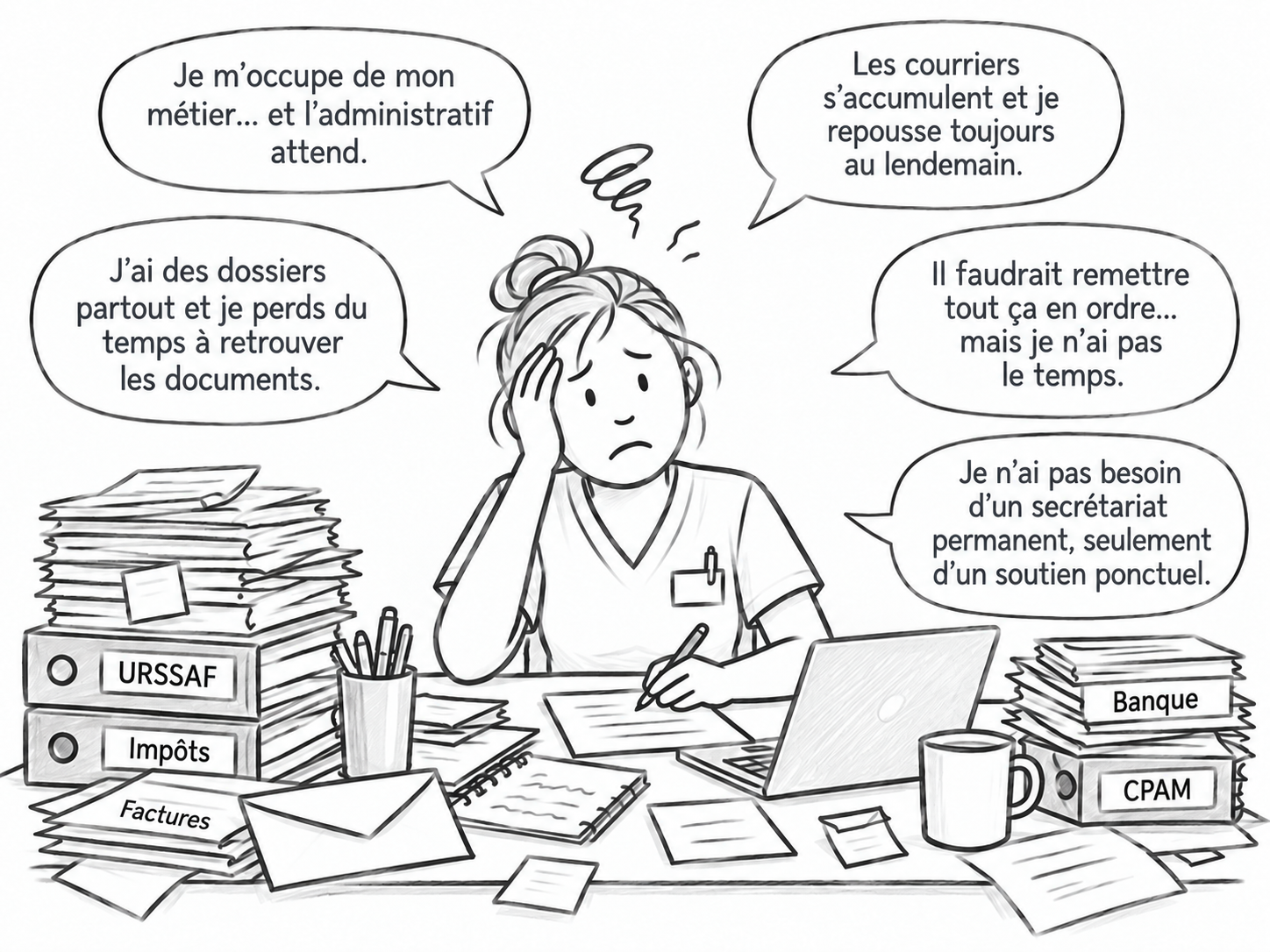 Illustration d’une professionnelle débordée par les dossiers administratifs, avec classeurs URSSAF, Impôts, Factures, Banque et CPAM